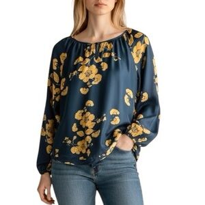 SUNDANCE Silk Floral Print Long Sleeve Top - Dark Teal and Gold Size Small K15